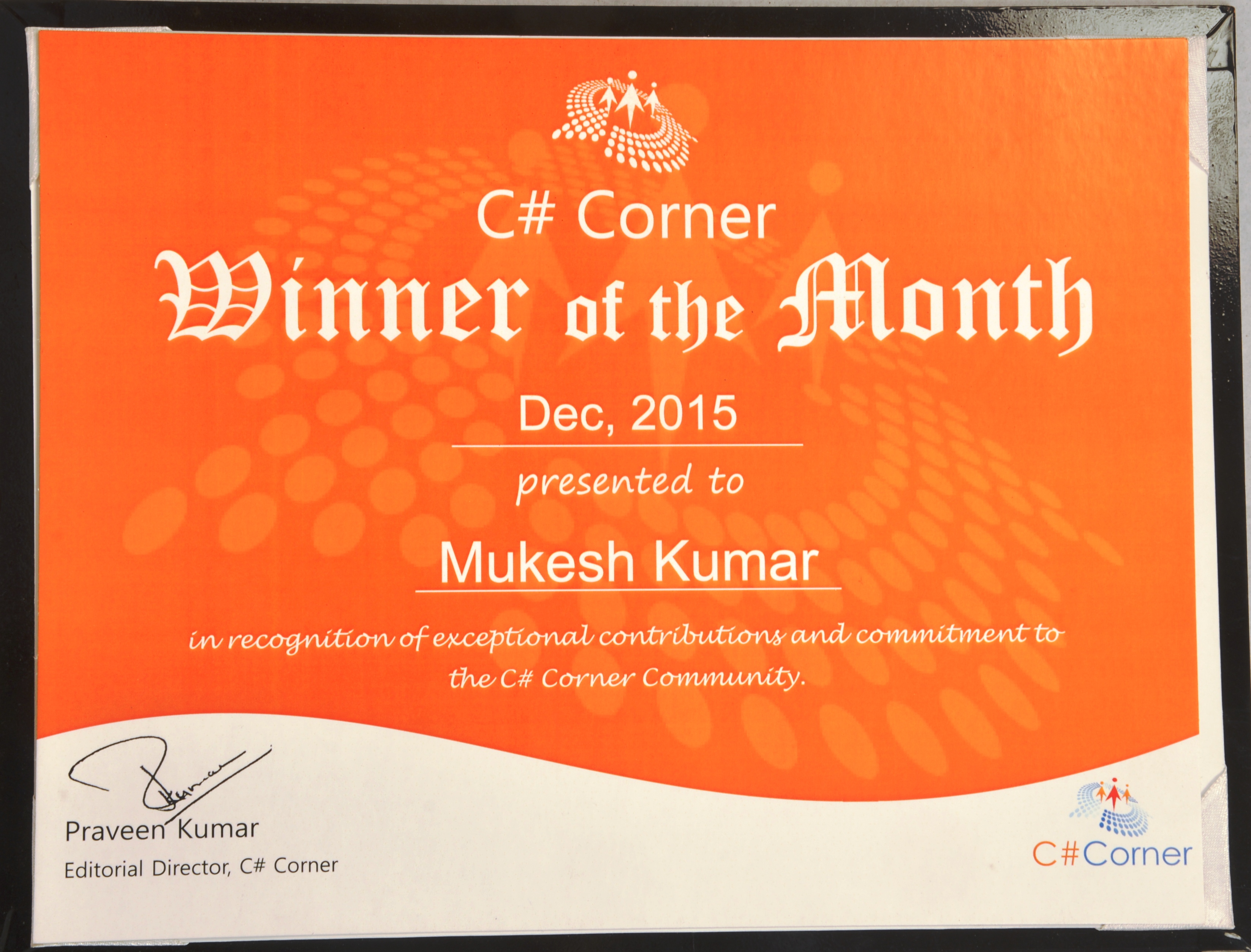 C# Corner Winner of the Month — December 2015