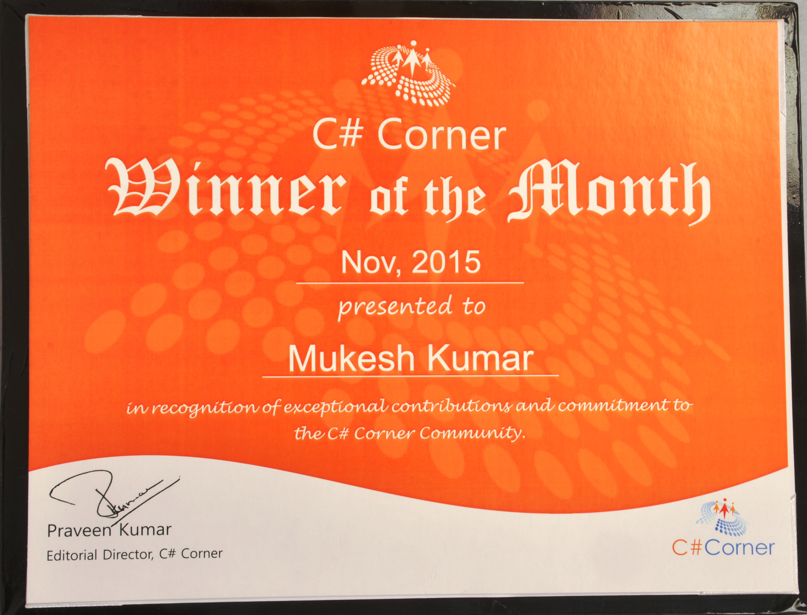 C# Corner Winner of the Month — November 2015