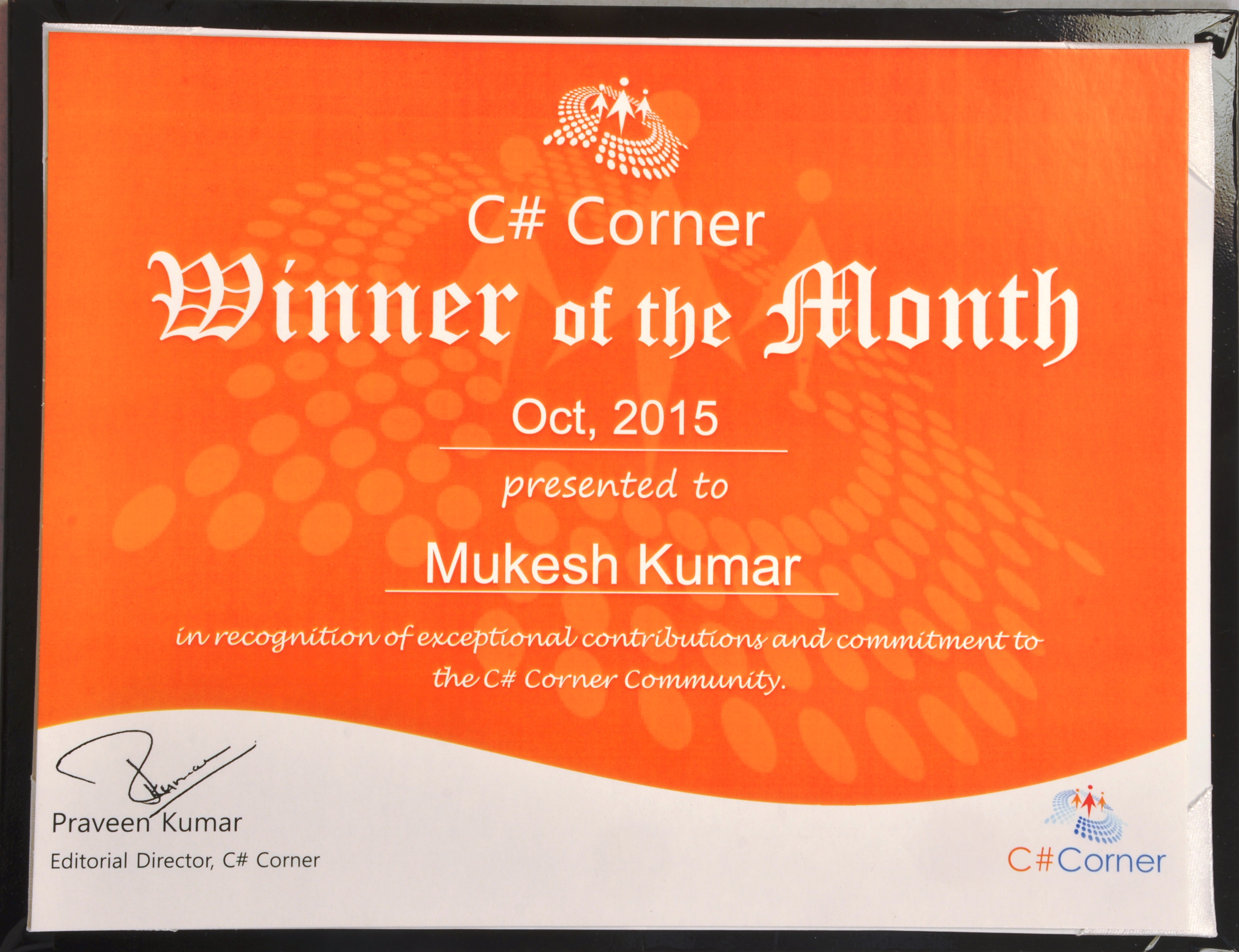C# Corner Winner of the Month — October 2015